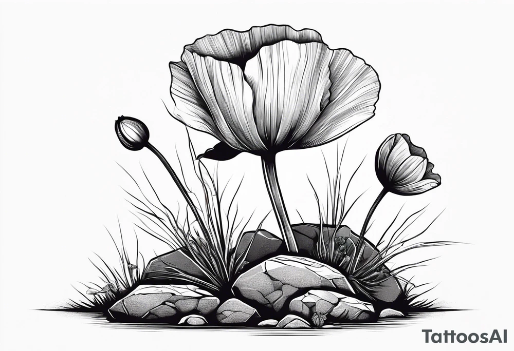 poppy growing out of rock with roots hugging 
rock in support tattoo idea