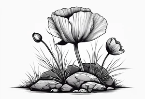 poppy growing out of rock with roots hugging 
rock in support tattoo idea