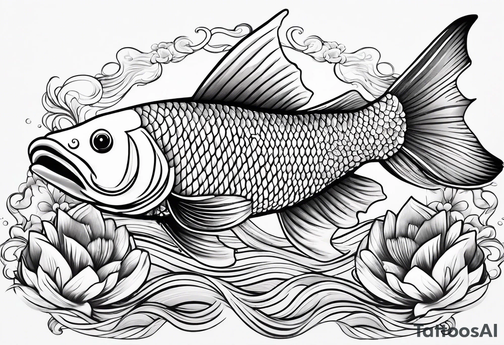 Arowana fish in waves with lotus tattoo idea