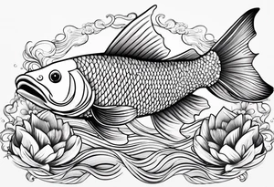 Arowana fish in waves with lotus tattoo idea