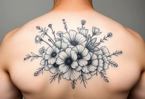 Fine line tattoo bouquet including sweet pea flowers, honeysuckle flowers, a lot of cosmos and peonies. tattoo idea