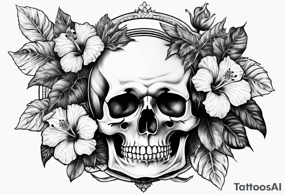 a full female skeleton with hibiscus flower. tattoo idea