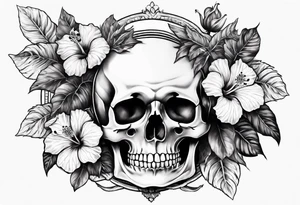 a full female skeleton with hibiscus flower. tattoo idea