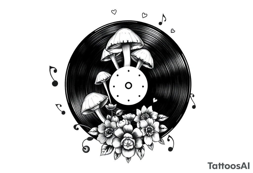 vinyl record with mushrooms, flowers, hearts, and music notes tattoo idea