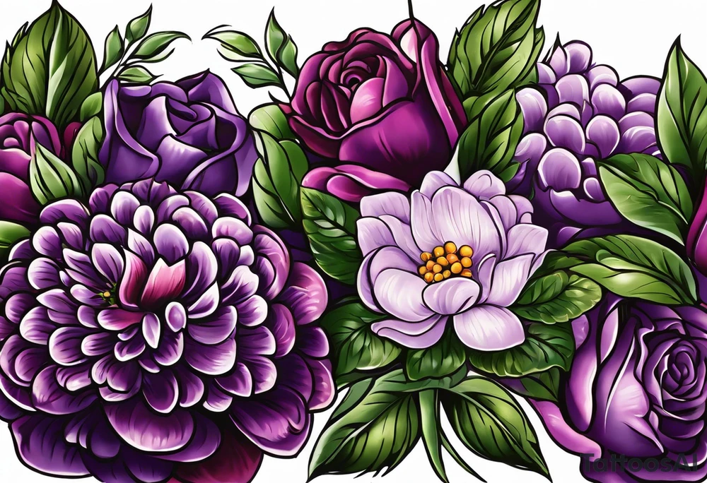 I'm looking for a tattoo design that beautifully reflects the essence of both my grandma. My grandma, a vibrant soul, adores the color purple and finds solace in her weekly visits to church and the bustling farmers' market. She would always help those people in the farmers market by buying their produce. tattoo idea