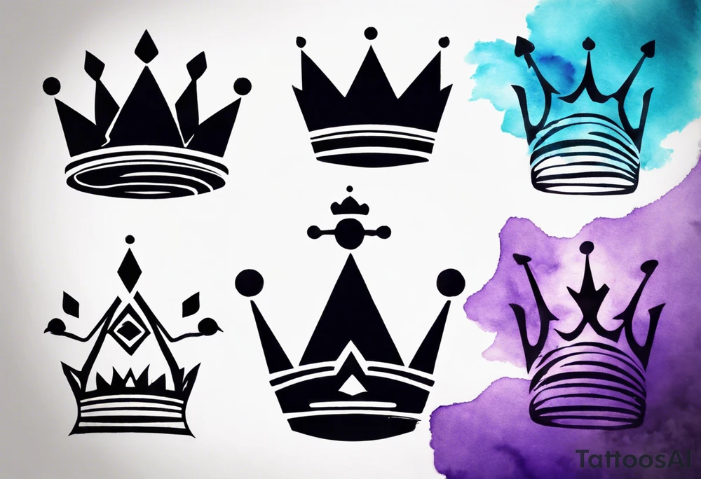 A tattoo of a minimalistic black crown and some negative space on a water color background of purple and blue. tattoo idea