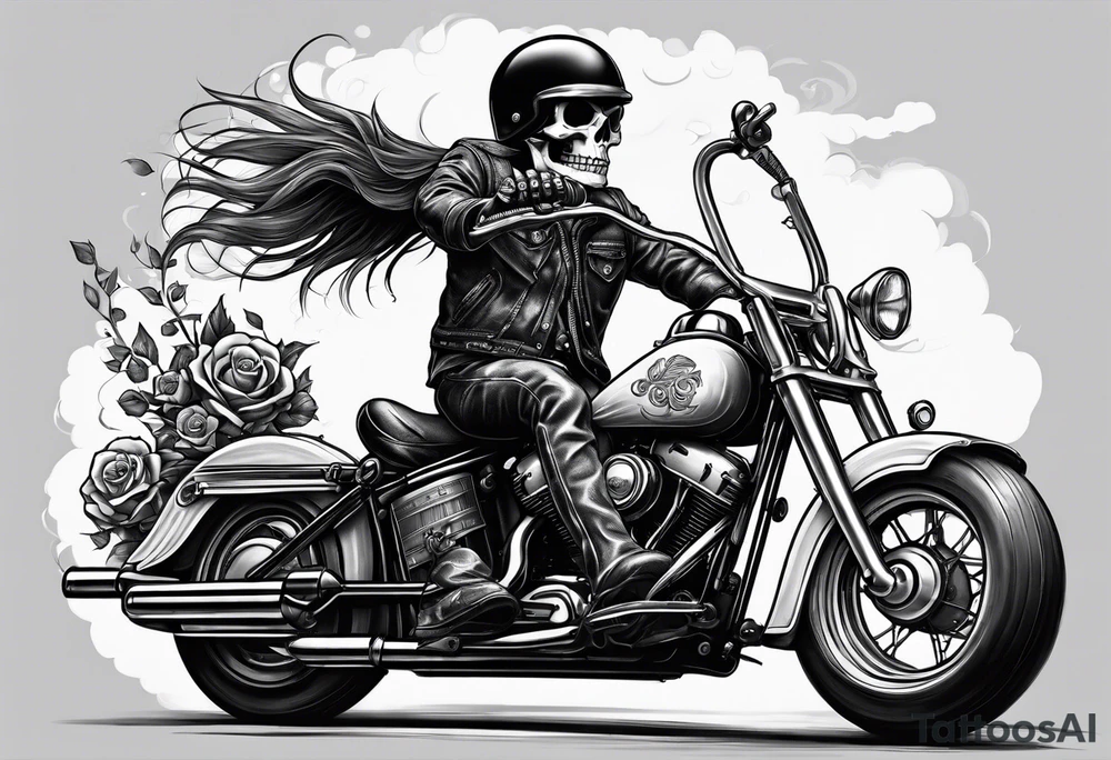 A skeleton riding a Harley motorbike also throwing a bomb at something tattoo idea