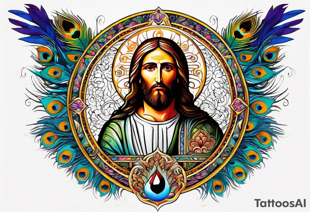 flat stern byzantine Christ with all-demanding eyes with a halo made of peacock feathers tattoo idea