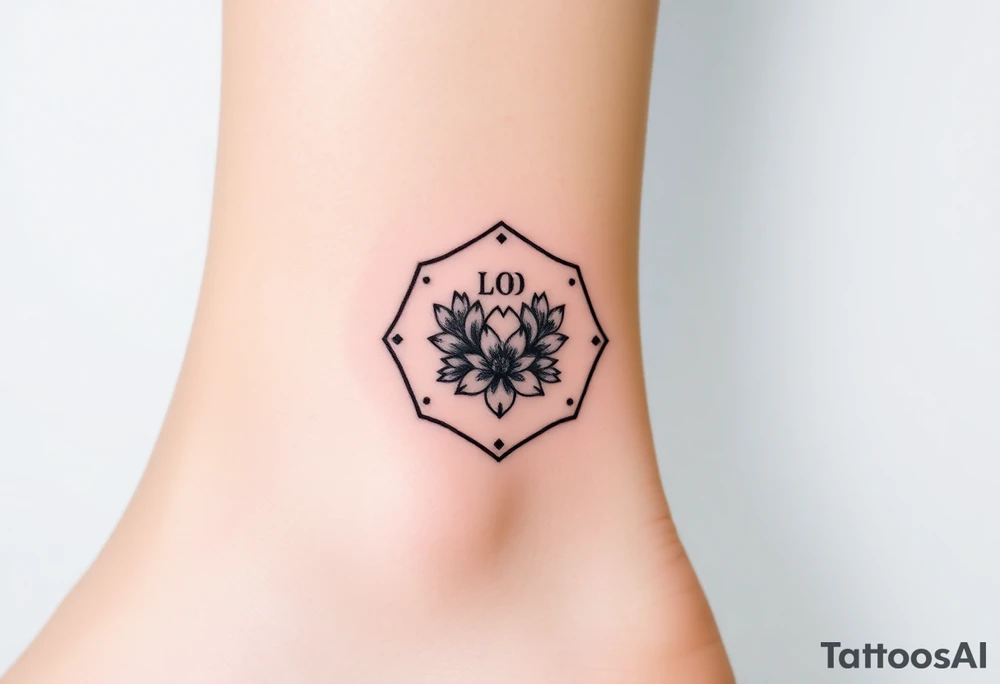 Faint Hexagon with astrological sign for Leo, larkspur and water lilies in the center tattoo idea