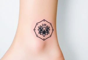 Faint Hexagon with astrological sign for Leo, larkspur and water lilies in the center tattoo idea