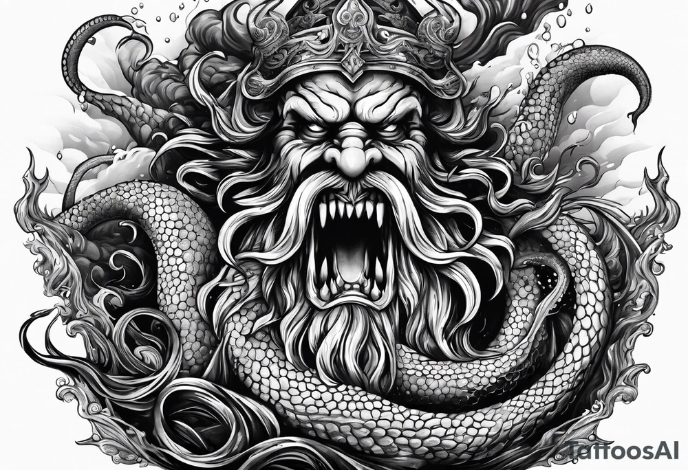 Kraken tentacles grabbing Poseidon thrusting trident into monster deep ocean stormy tattoo idea