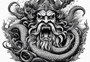 Kraken tentacles grabbing Poseidon thrusting trident into monster deep ocean stormy tattoo idea