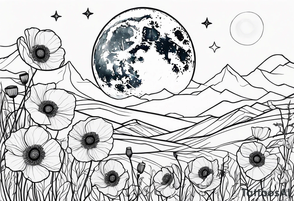 outline, fine line, stars, moon, poppy tattoo idea