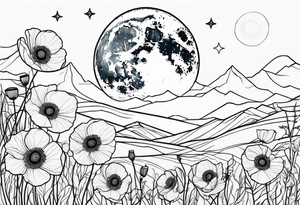 outline, fine line, stars, moon, poppy tattoo idea