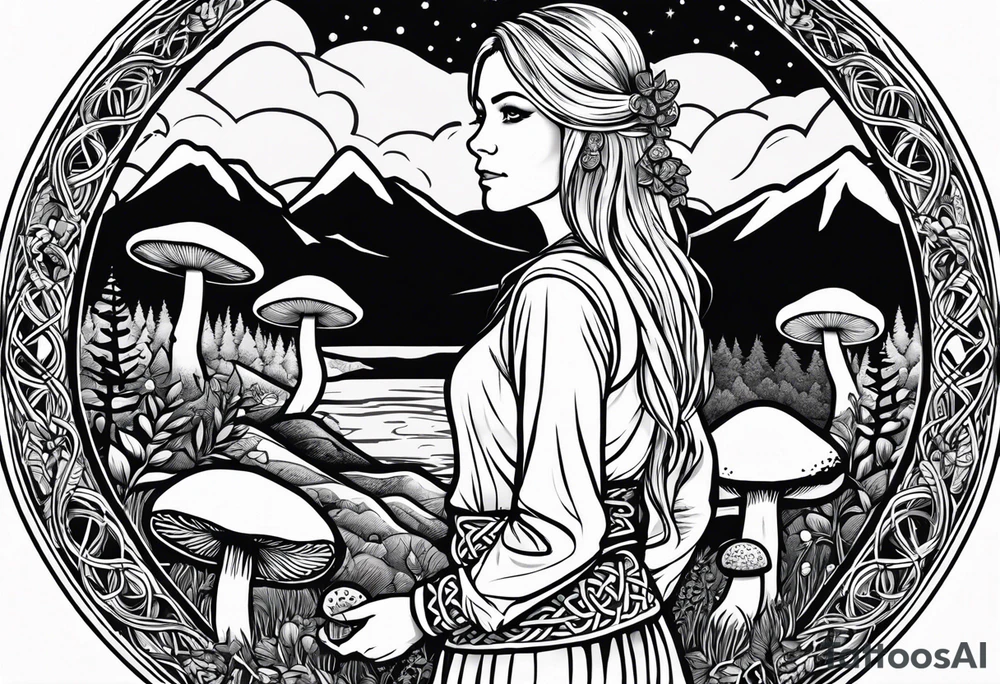 Whole picture encircled fully

Straight long blonde hair hippie girl in distance holding mushrooms in hand facing away toward mountains and creek surrounded by mushrooms long sleeve shirt and hiking pants; whole rendering within a full celtic circle border, no cut off circle tattoo idea