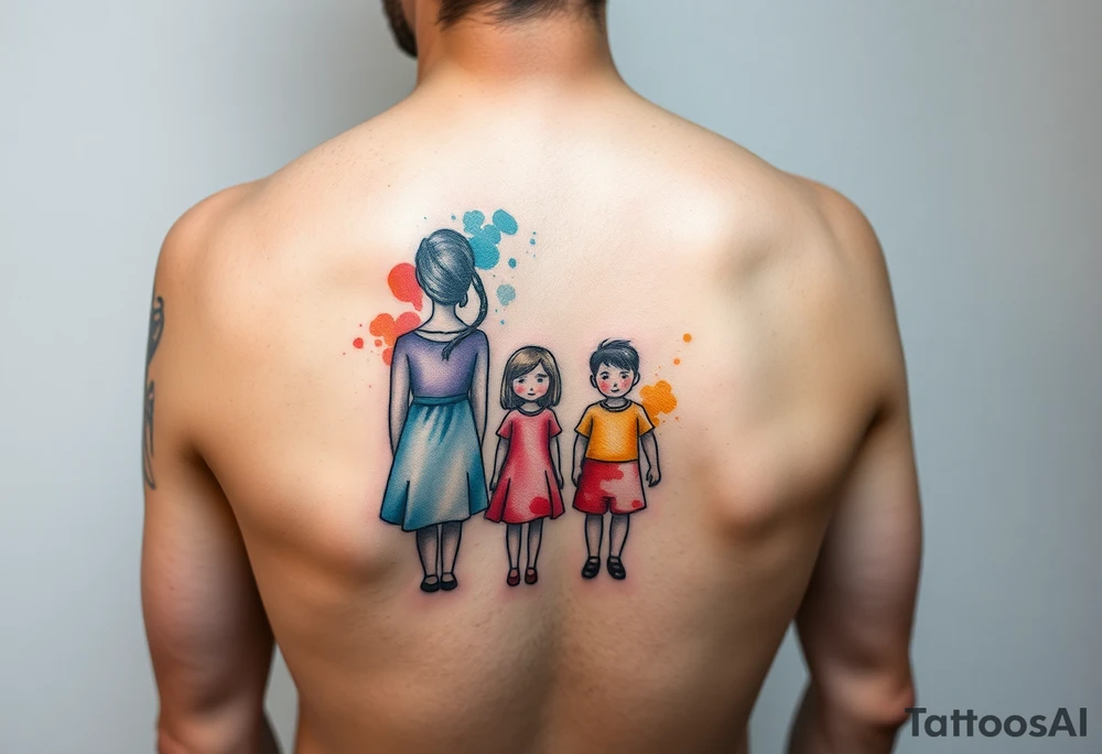 Family 2 parents 2 kids with colour around the caracters and empty caracters tattoo idea