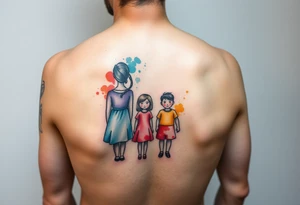 Family 2 parents 2 kids with colour around the caracters and empty caracters tattoo idea