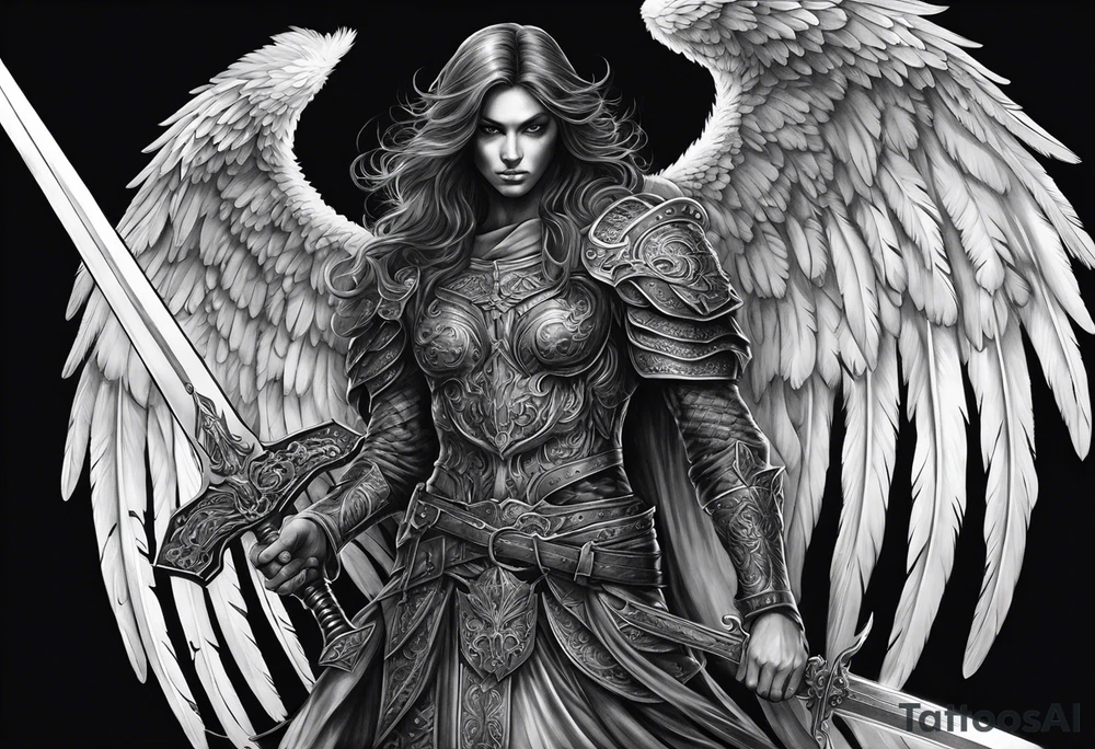 realistic black angel of death, without face, with wings holding one sword in both hands, the sword is held edge toward the ground tattoo idea