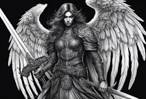 realistic black angel of death, without face, with wings holding one sword in both hands, the sword is held edge toward the ground tattoo idea