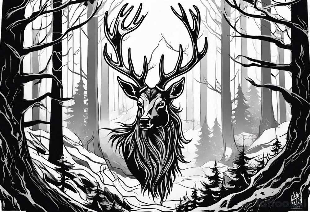 A wendigo with a decayed deer skull head with flames behind in a forest tattoo idea