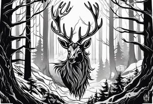 A wendigo with a decayed deer skull head with flames behind in a forest tattoo idea