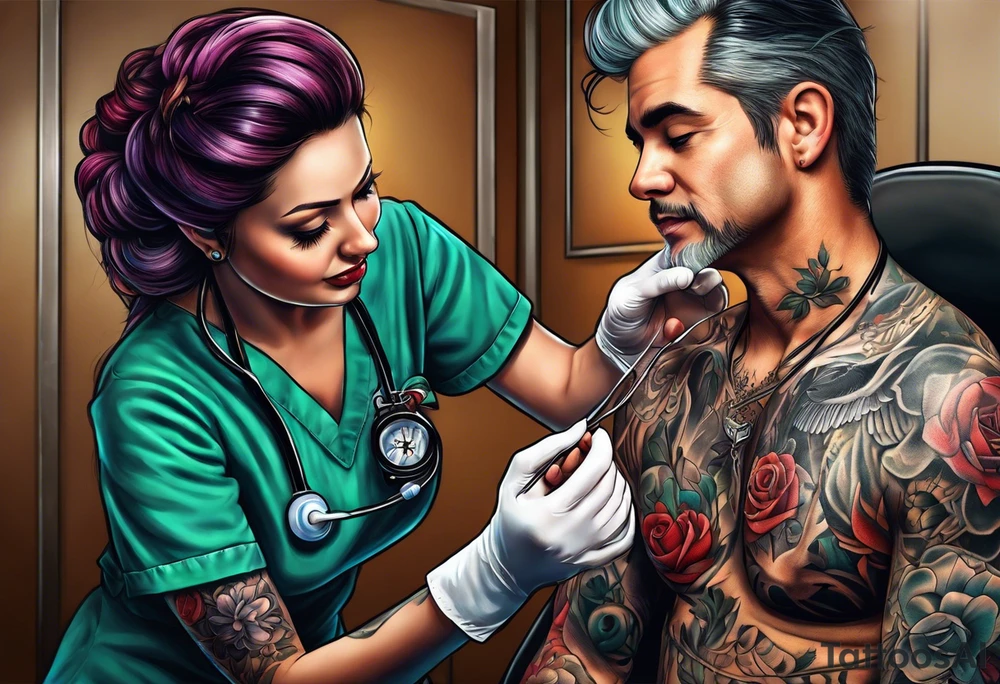 Nurse accidentally getting a needle stick with a patient tattoo idea