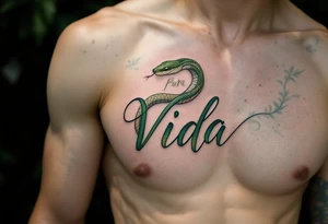 Flowy script “Pura Vida” entwined with a snake in muted forest green and desert sand hues. tattoo idea