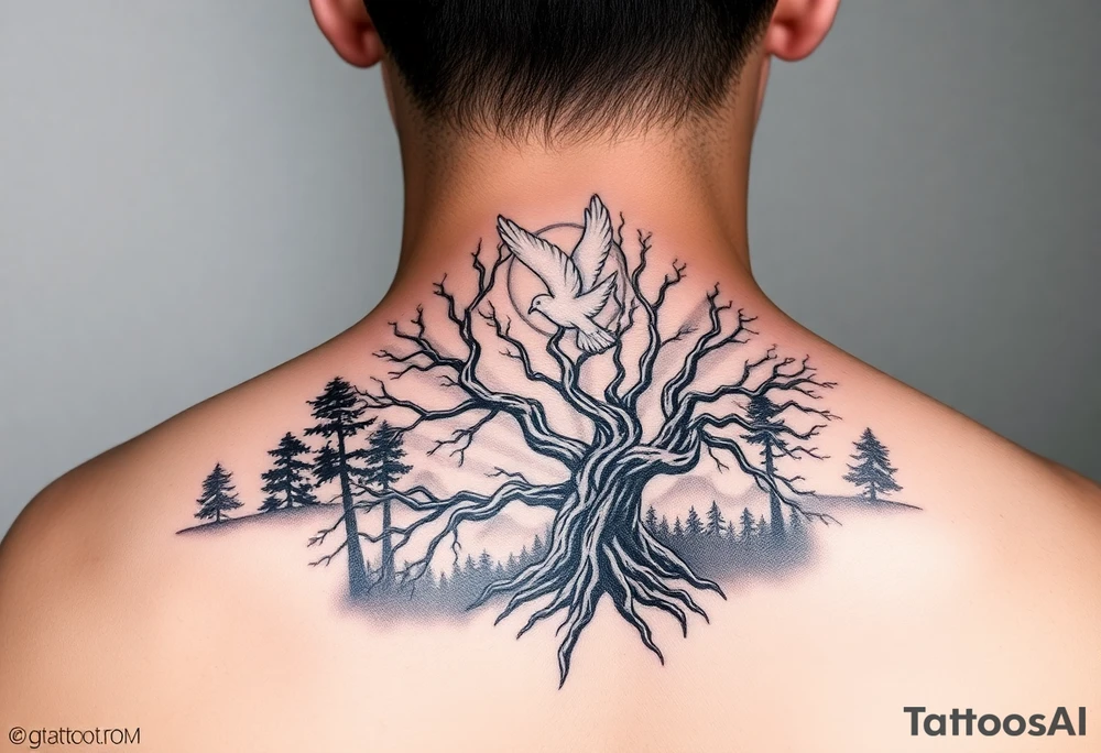 "A tattoo design featuring sun rays radiating from the top of the shoulder, with a serene forest scene in the background. Incorporate a prominent 'poison tree' design, featuring twisted and gnarled branches, symbolizing duality or mystery. Add a white dove in flight in the foreground, positioned slightly above or near the tree, symbolizing peace and hope. The overall design should have a balance of contrast and shading, blending realism with a slightly surreal artistic style." tattoo idea