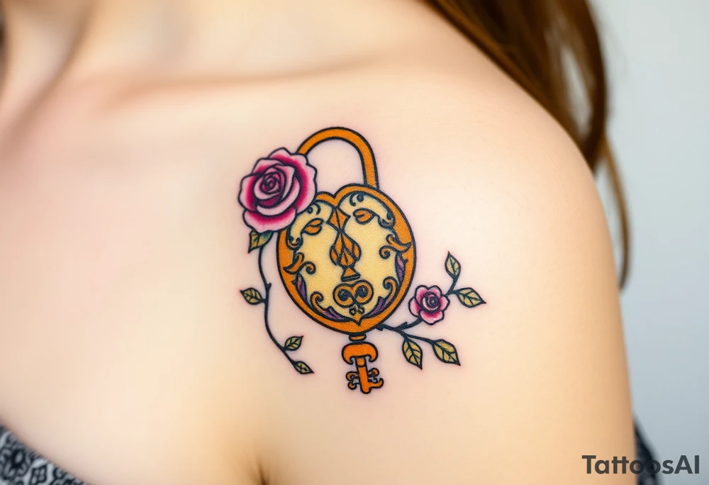 A rose-covered golden lock with a floral-shaped key, with vines wrapping gently around them tattoo idea