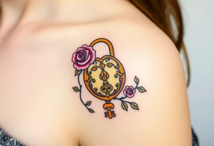 A rose-covered golden lock with a floral-shaped key, with vines wrapping gently around them tattoo idea