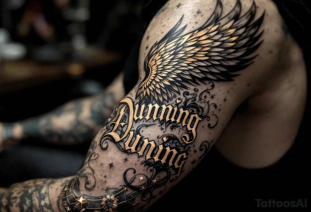 Dunning, details include bold strong font, gold highlights, theme of wealth and angel wings, taino native tattoo idea