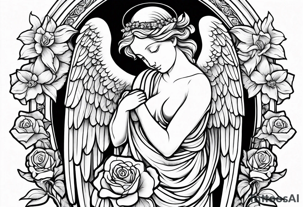 Simple Angel statue stood on a rock with daffodils and roses wrapped around its legs tattoo idea