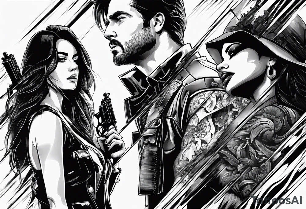 In the reflection of a eye two black siloets of people holding guns one man dead on the ground with a wounded woman standing behind him tattoo idea