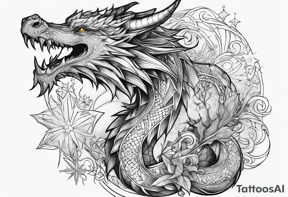 dragon cute , celestial, cross, snowflake tattoo idea