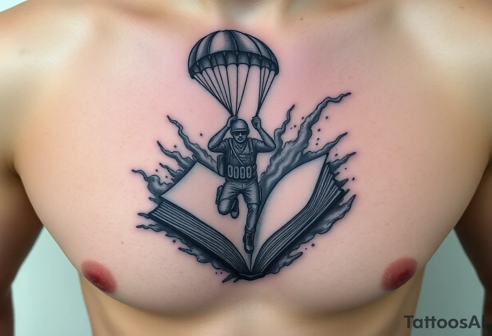 A parachuting soldier falling into an open book. Chaos surrounding, but the book is protecting the soldier from it. On the chest. Make the tattoo smaller. Make it thought provoking. Make the chaos in the environment be an eerie mist. Make the pages in the book be blank. Just one soldier, no other characters. the book is old. tattoo idea