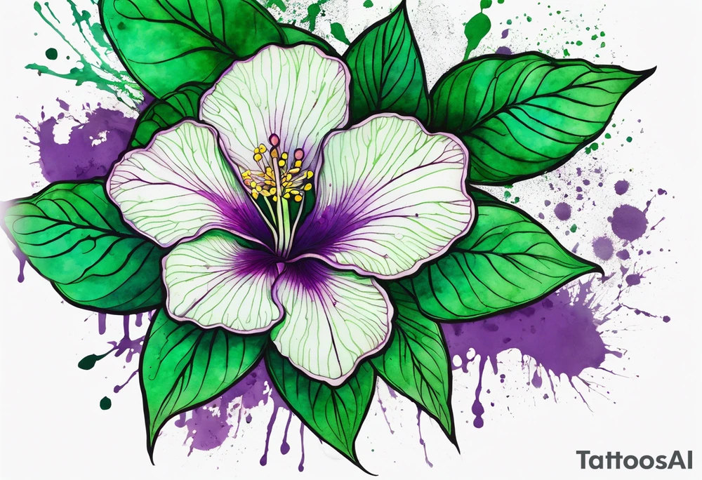 A mystical outline of a green rio dipladenia flower and a green/purple watercolor splatter in the background tattoo idea