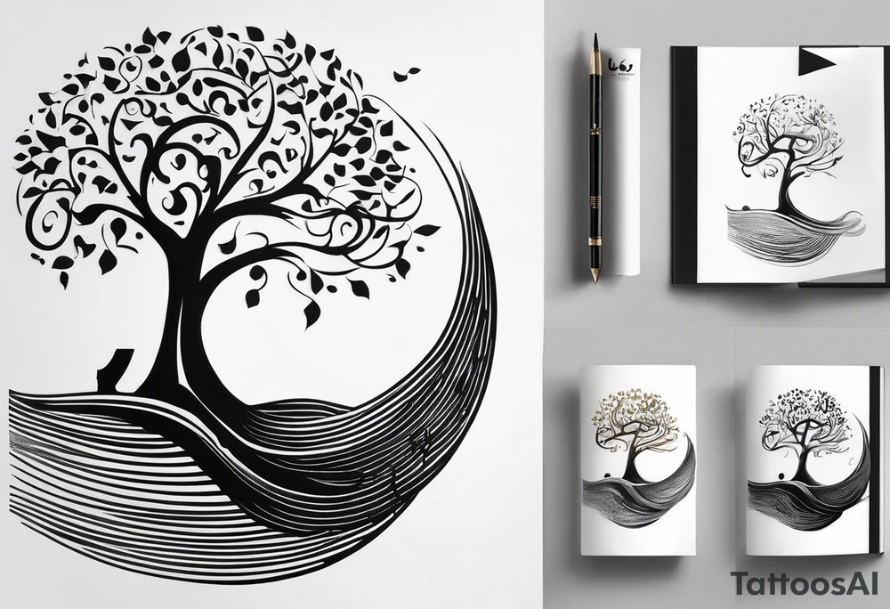 A tattoo design that incorporates the following elements: an abstract tree of life that has roots emerging  from the ground. Waves of water wrap around the tree in a non symmetrical design.  Incorporate musical notes into the tree. the letters U and A are overlapping and engraved into the tree. The game of golf incorporated but not prominent. tattoo idea