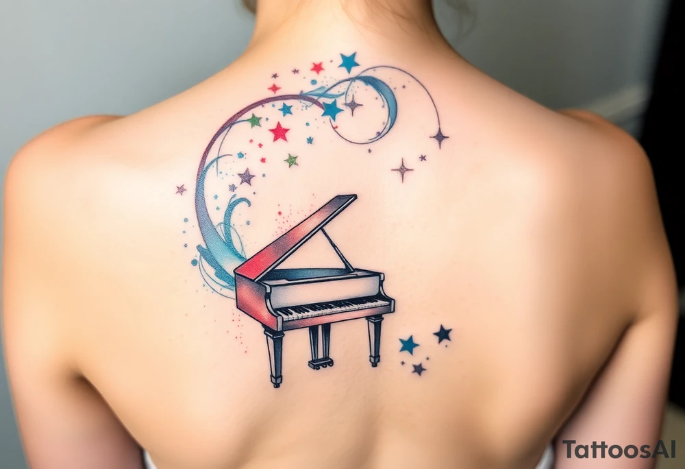 a grand piano under a swirl of stars tattoo idea