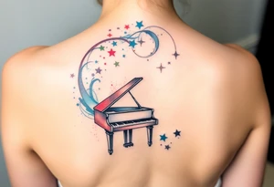 a grand piano under a swirl of stars tattoo idea