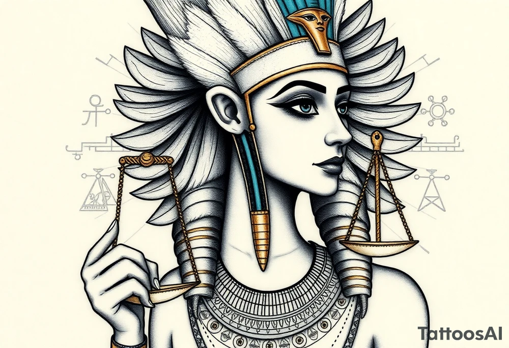 Super realistic tattoo design of the Egyptian goddess Ma’at, depicted as a serene and regal woman with an elegant ostrich feather on her head symbolizing truth and balance, wearing traditional ancient Egyptian attire with intricate gold and turquoise jewelry, holding scales of justice in one hand. The design features detailed facial features with soft natural lighting, realistic skin texture, and subtle shading to emphasize depth and dimension. Background elements include faint hieroglyphics and cosmic symbols representing order and harmony. Style: hyper-realistic, high detail, focused on symbolism and spiritual essence, suitable for upper arm or chest tattoo. tattoo idea