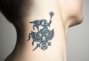 St. George slaying the dragon (hugely common in Russian Orthodox art)
Russian imperial crown above the eagle
Crossed swords or a Russian sabre
The Kremlin or St. Basil's Cathedral scene tattoo idea