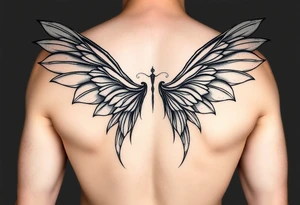 Long wispy fairy wings folded closed down full back tattoo idea