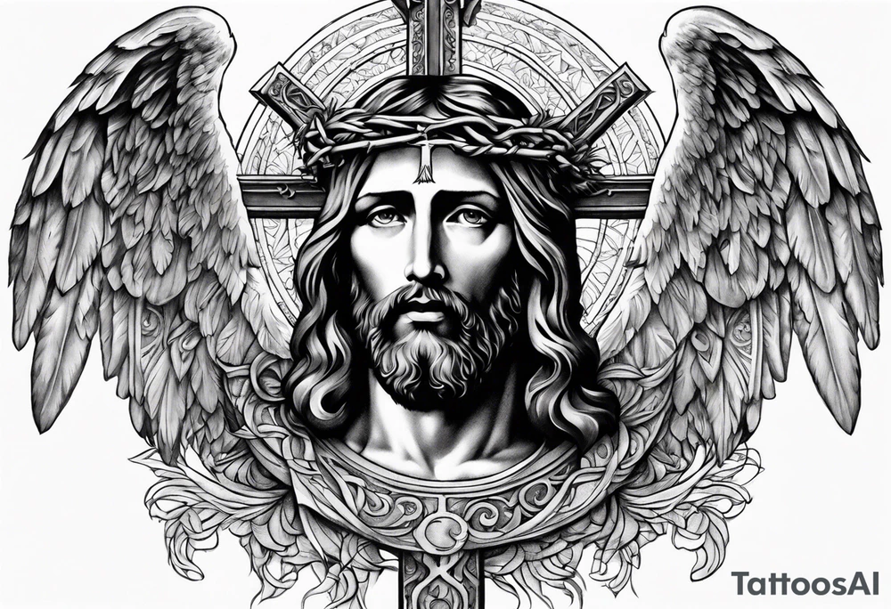 jesus on a cross surround by angel wings tattoo idea