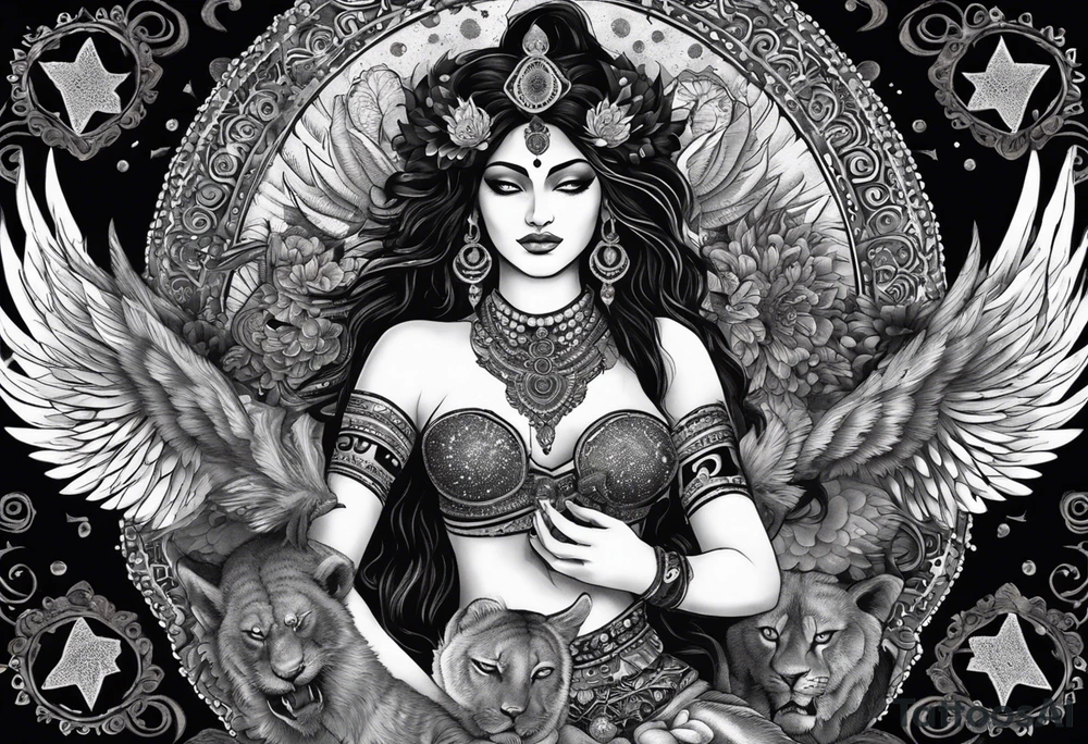 black kali, goddess pirate, alien, angel, pachamama, valkrye, warrior, flying, skull, lotus azul, wing, eagle, zenza resonance, stars, 5D, anahata chakra, death, durga, riding on a tiger, flying lady, kundalini, chest tatoo, samuri, rebel,serpent tattoo idea