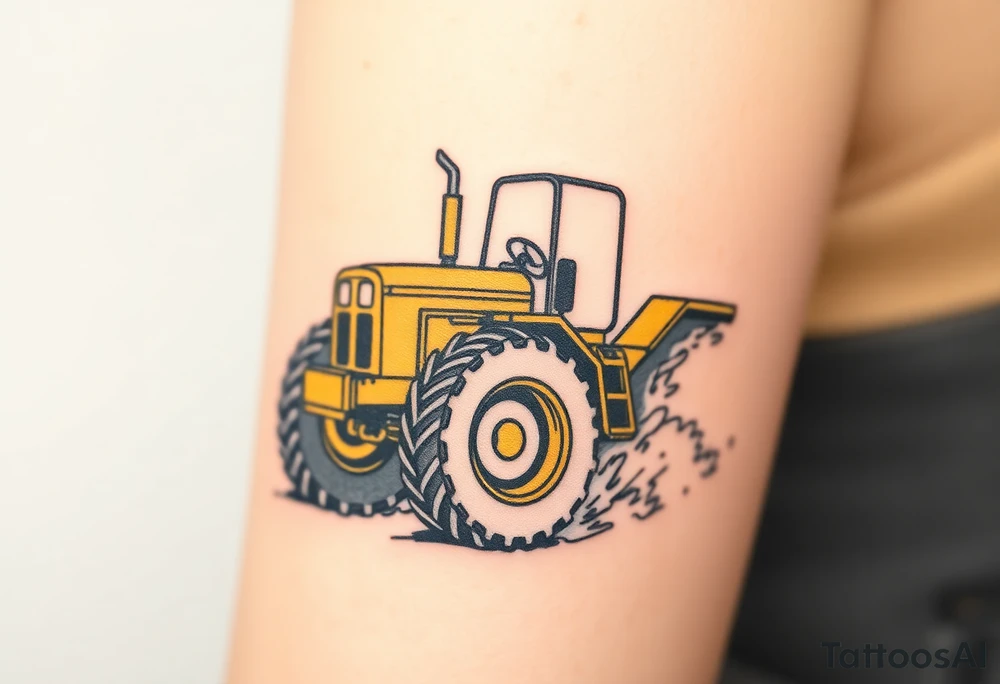 A hyper-realistic yellow tractor in motion, dust swirling around its massive tires. tattoo idea