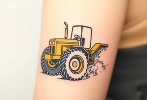 A hyper-realistic yellow tractor in motion, dust swirling around its massive tires. tattoo idea