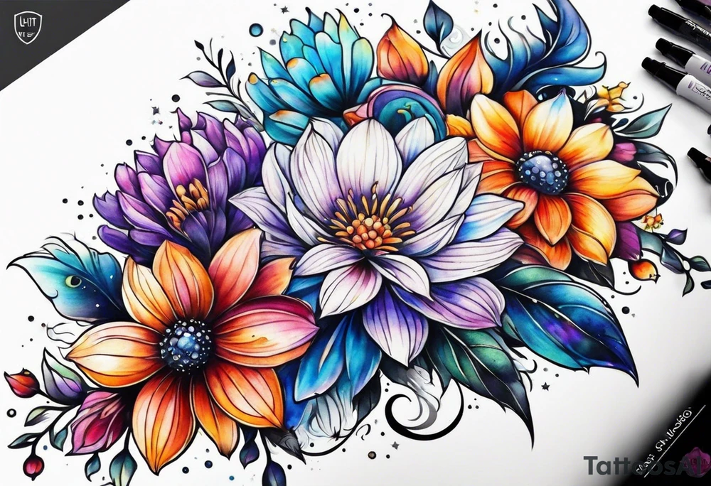 Cosmic space flowers tattoo idea