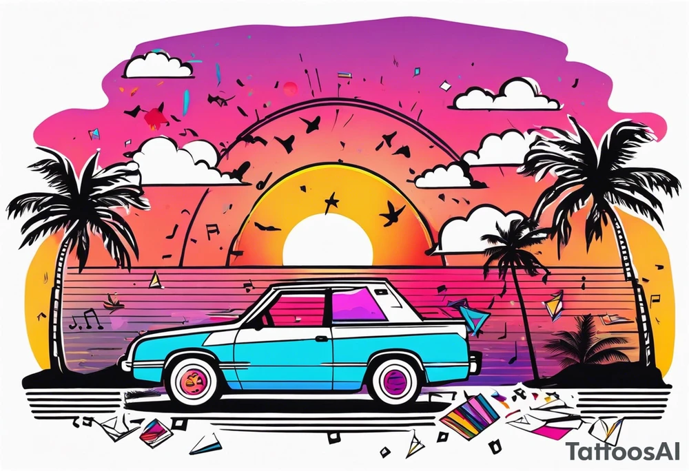 1980's miami vice style beach dance 
party, include confetti, music notes, boom box, bikinis sunset in the center tattoo idea