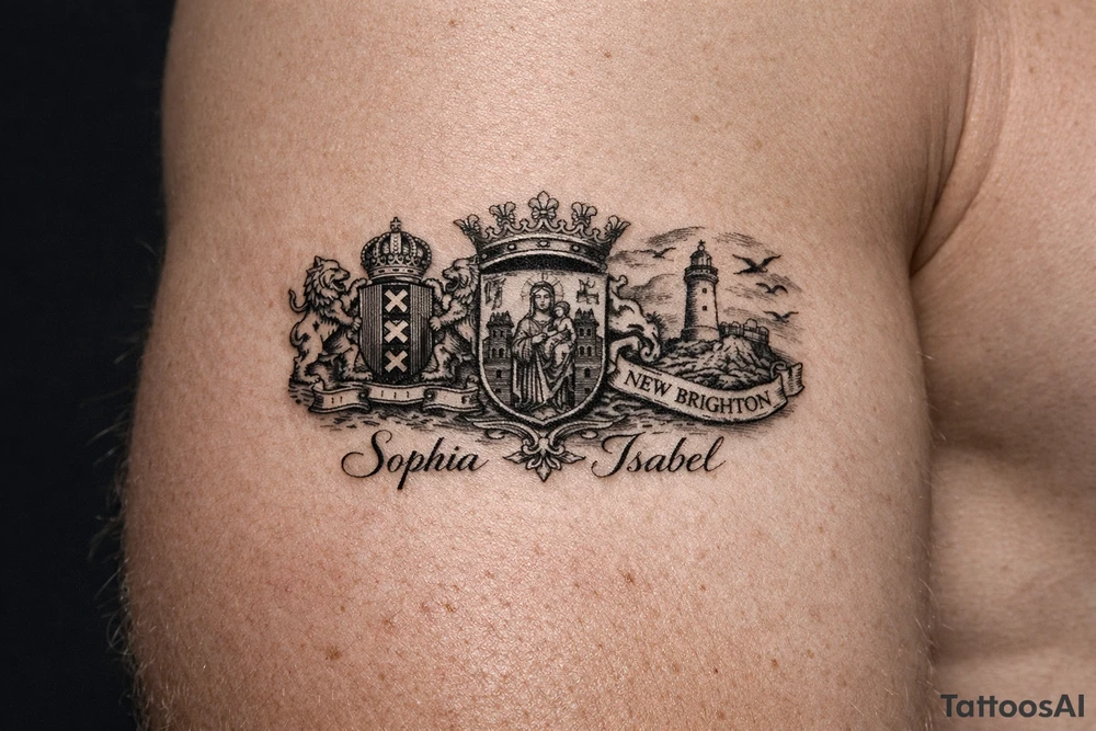 Crests of Amsterdam and Braga and New Brighton. My daughters names Sophia and Isabel. tattoo idea