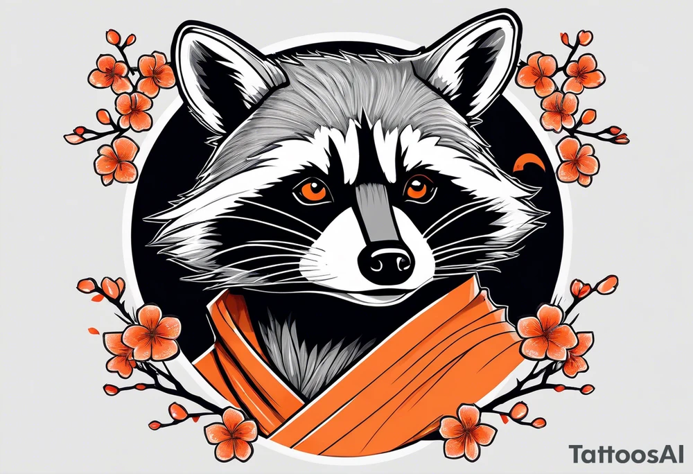 Raccoon wearing a white Superman logo on a black hoodie and orange Japanese cherry blossoms tattoo idea